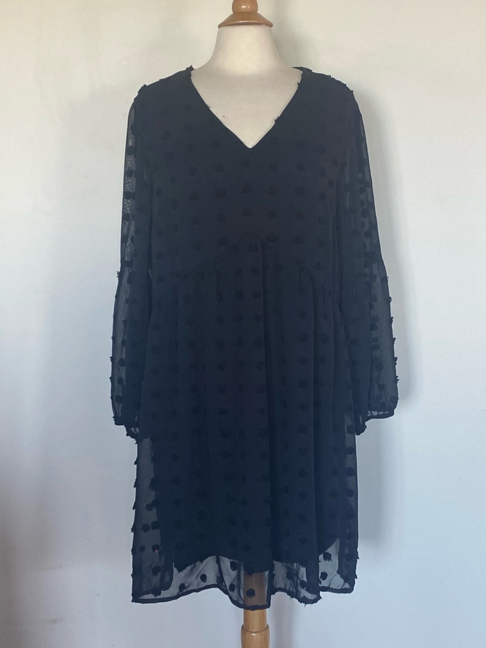 MIHOLL Women's V Neck Sheer Sleeve Swiss Dot Loose Summer Babydoll Dress